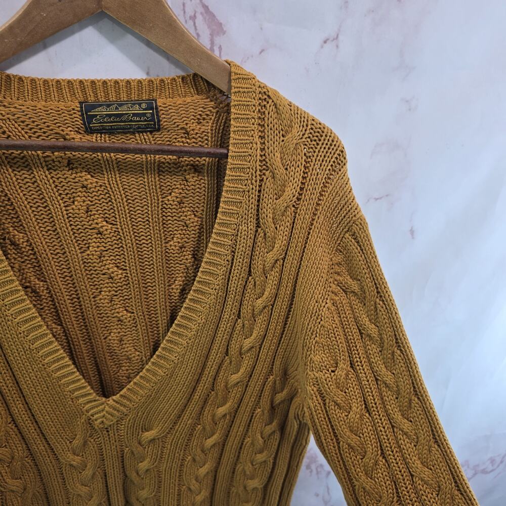 Vintage Eddie Bauer Sweater Womens XL Mustard V Neck 90s Cable Knit Fisherman - Picture 9 of 10